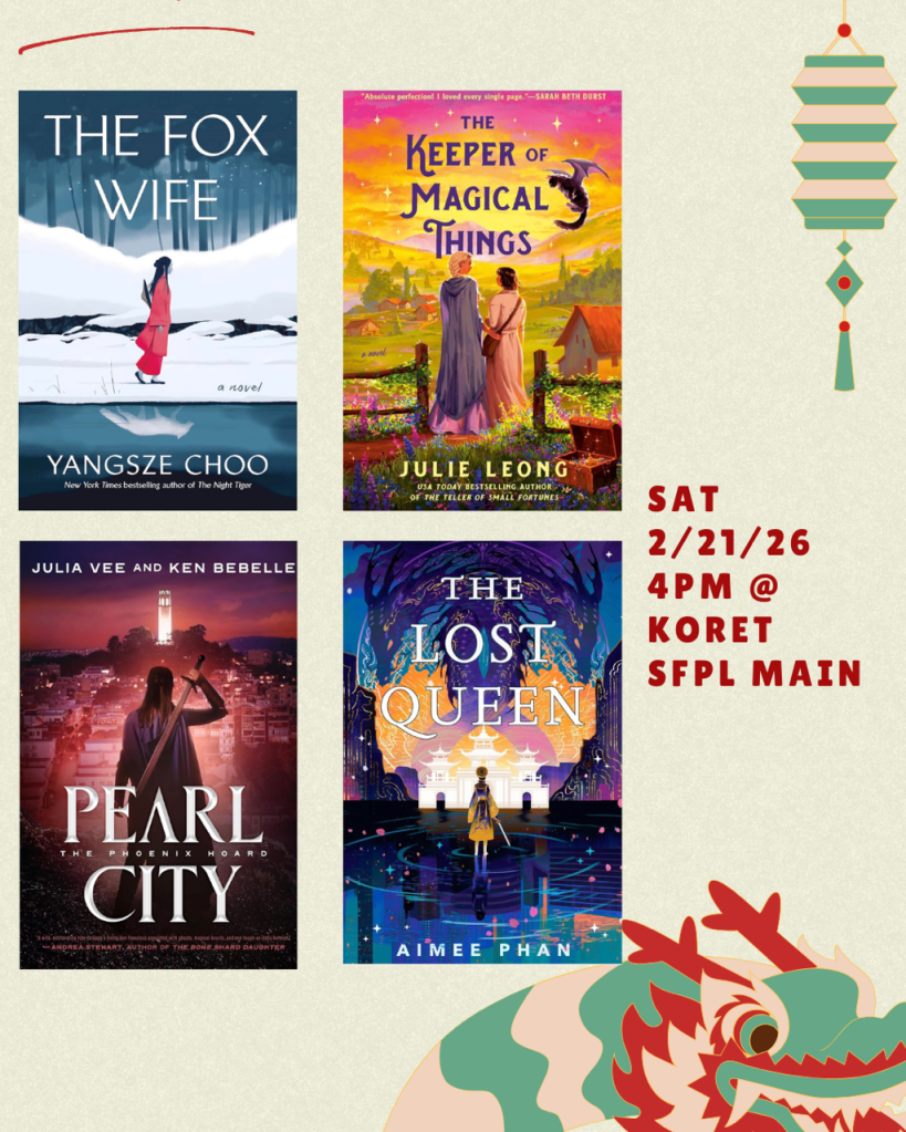 4 book covers: Fox Wife by Yangsze Choo, Pearl City by Julia Vee, Keeper of Magical Things by Julie Leong, The Lost Queen by Aimee Phan